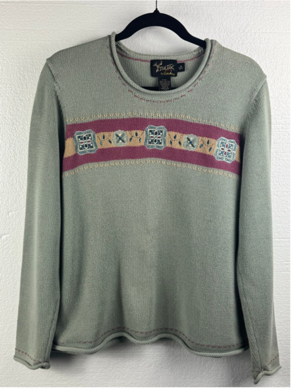 VTG Dick Idol by Cabela's Sage Green Burgundy Crew Neck Sweater size M